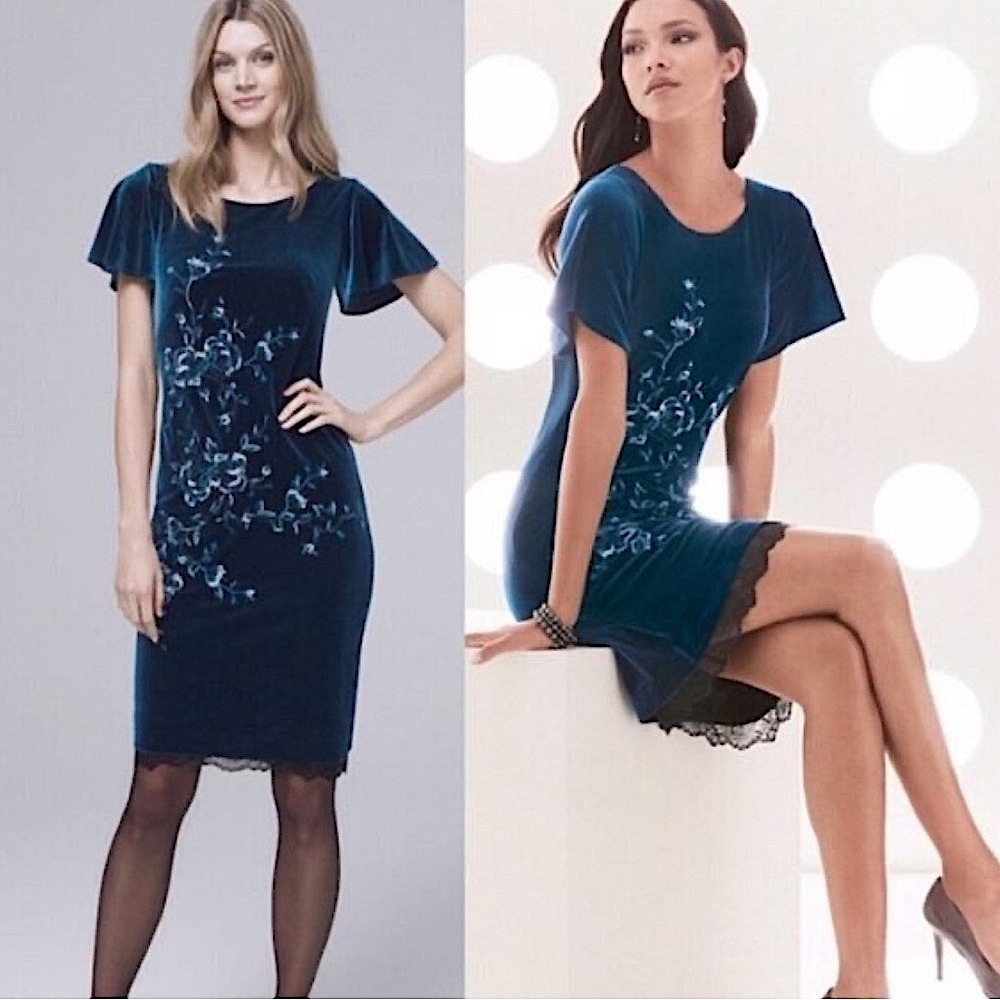 NWT White House Black Market | Women’s deep teal velvet flutter sleeve dress, S